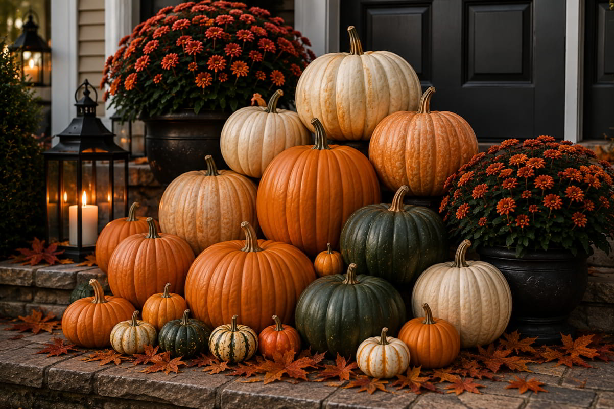 Layered orange, cream, white, and dark pumpkins arranged for an elegant Halloween display.