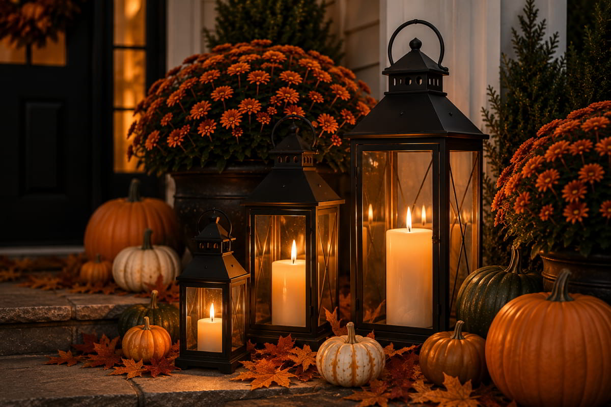 Warm Halloween lanterns and candlelight creating a cozy evening atmosphere.