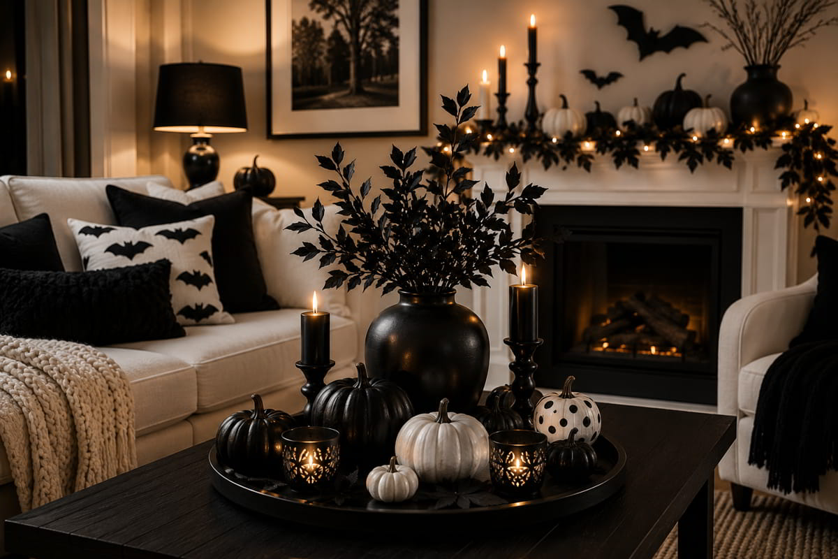 Elegant black and white Halloween décor with pumpkins, candles, and autumn branches.