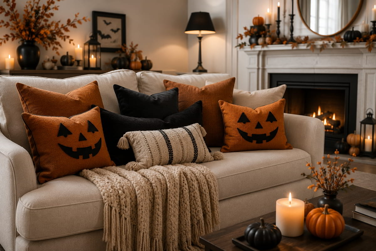Cozy Halloween living room with seasonal pillows, textured throws, pumpkins, and warm décor.