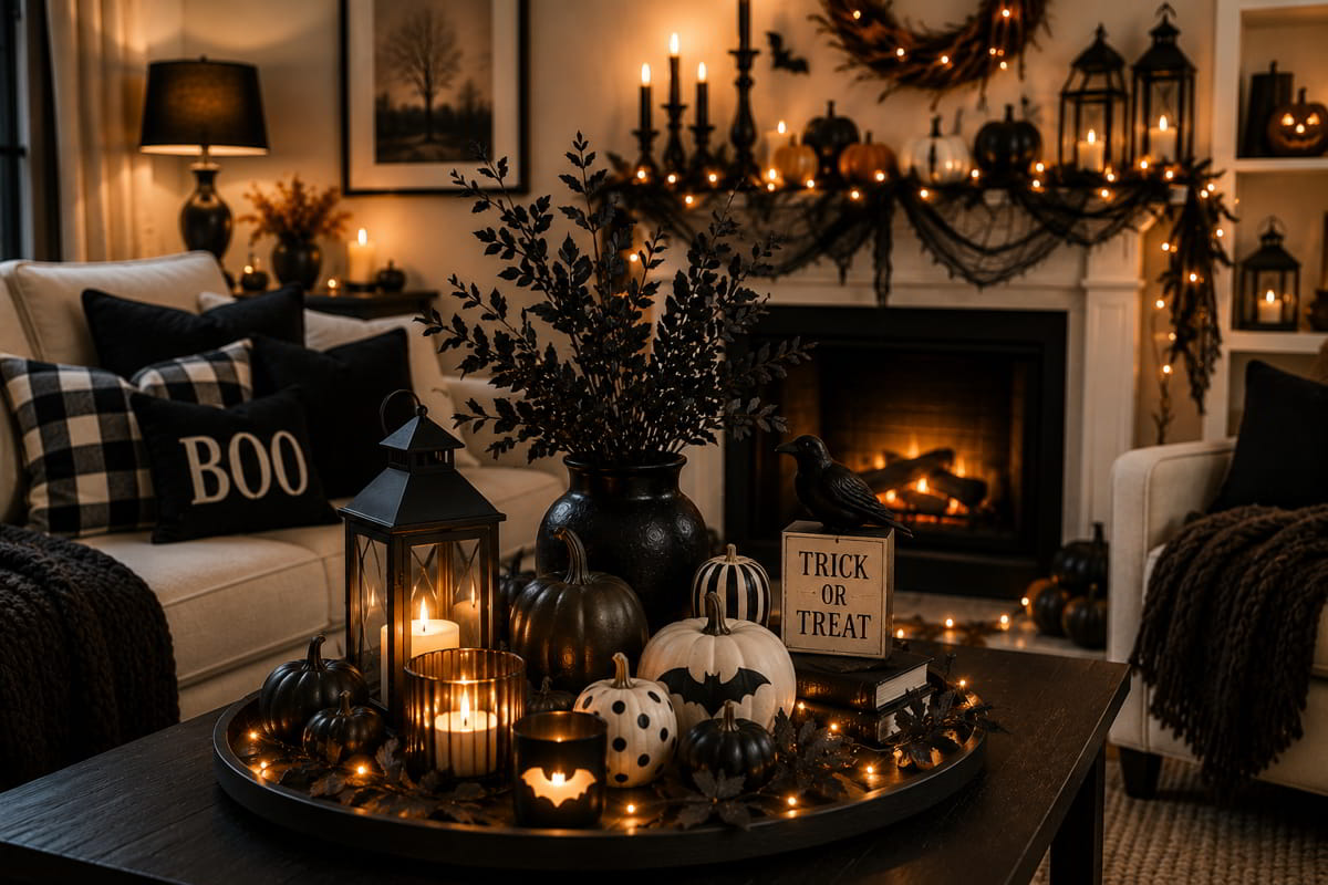 Halloween coffee table styled with pumpkins, candles, lanterns, and seasonal accents.