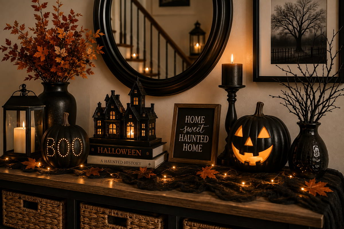 Elegant Halloween dining table decorated with pumpkins, candles, autumn branches, and seasonal accents.