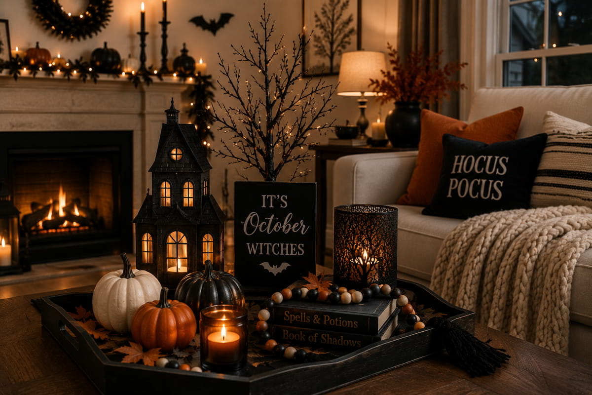 Alternative Halloween dining table arrangement with pumpkins, candles, and autumn décor.