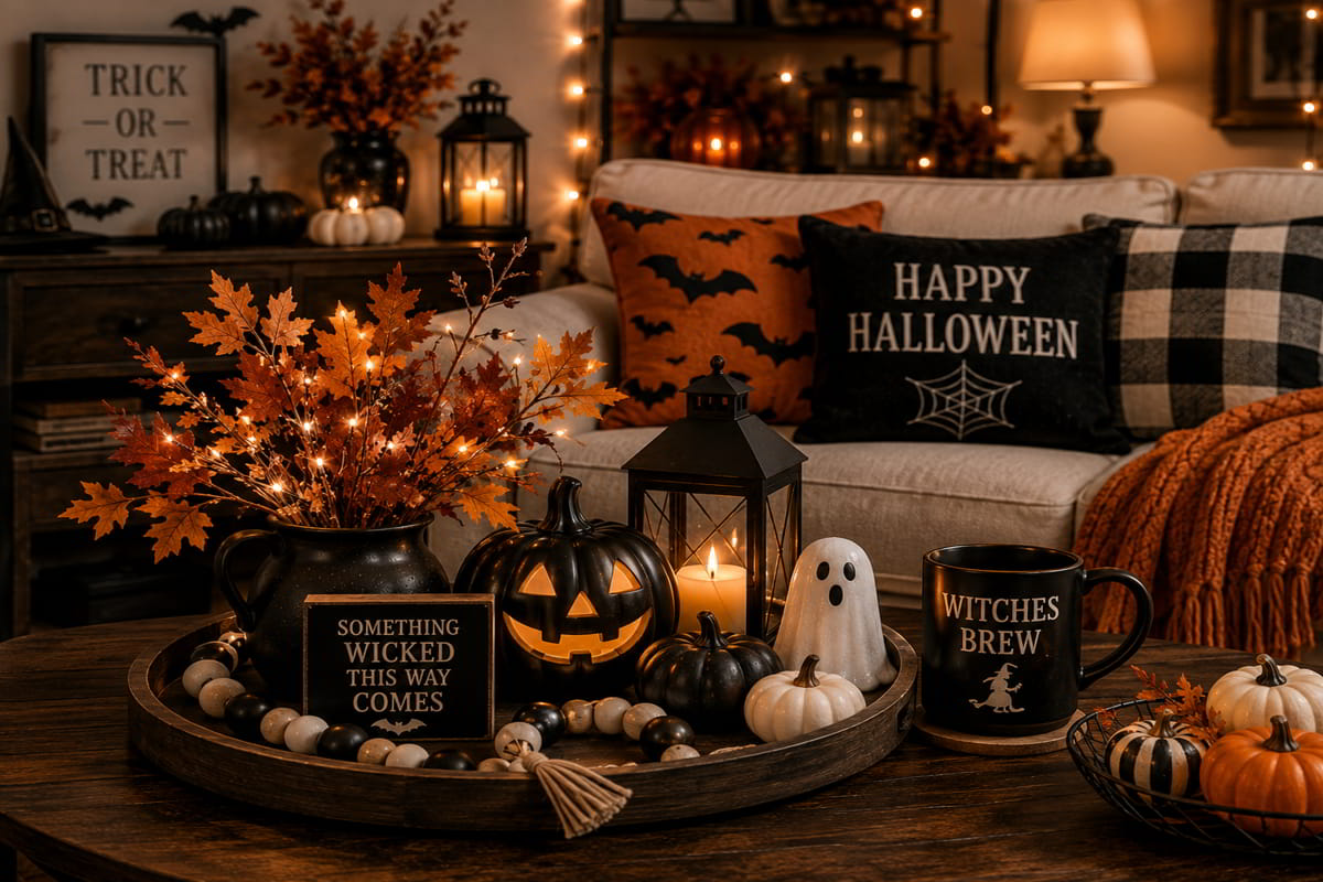 Halloween artwork displayed with pumpkins, candles, autumn branches, lanterns, and warm lighting.