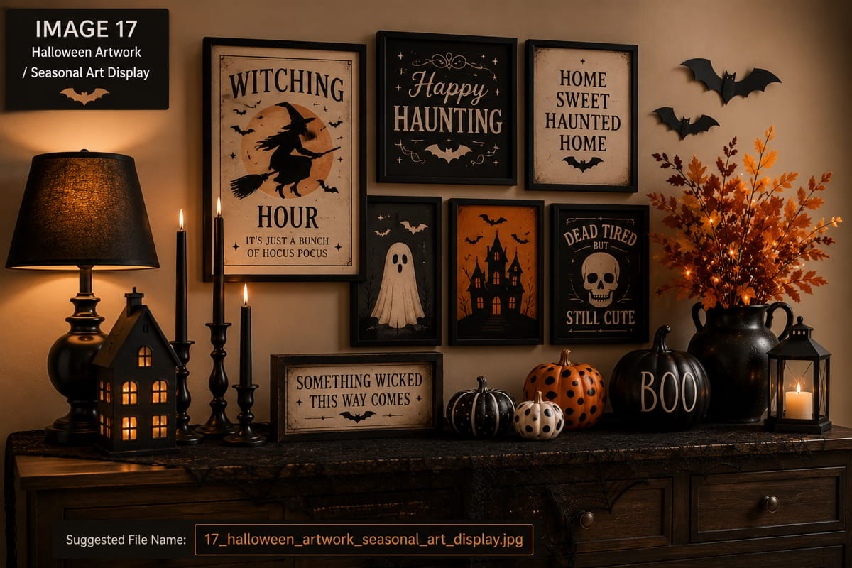 Halloween gallery wall with framed seasonal artwork, pumpkins, candles, and autumn accents.