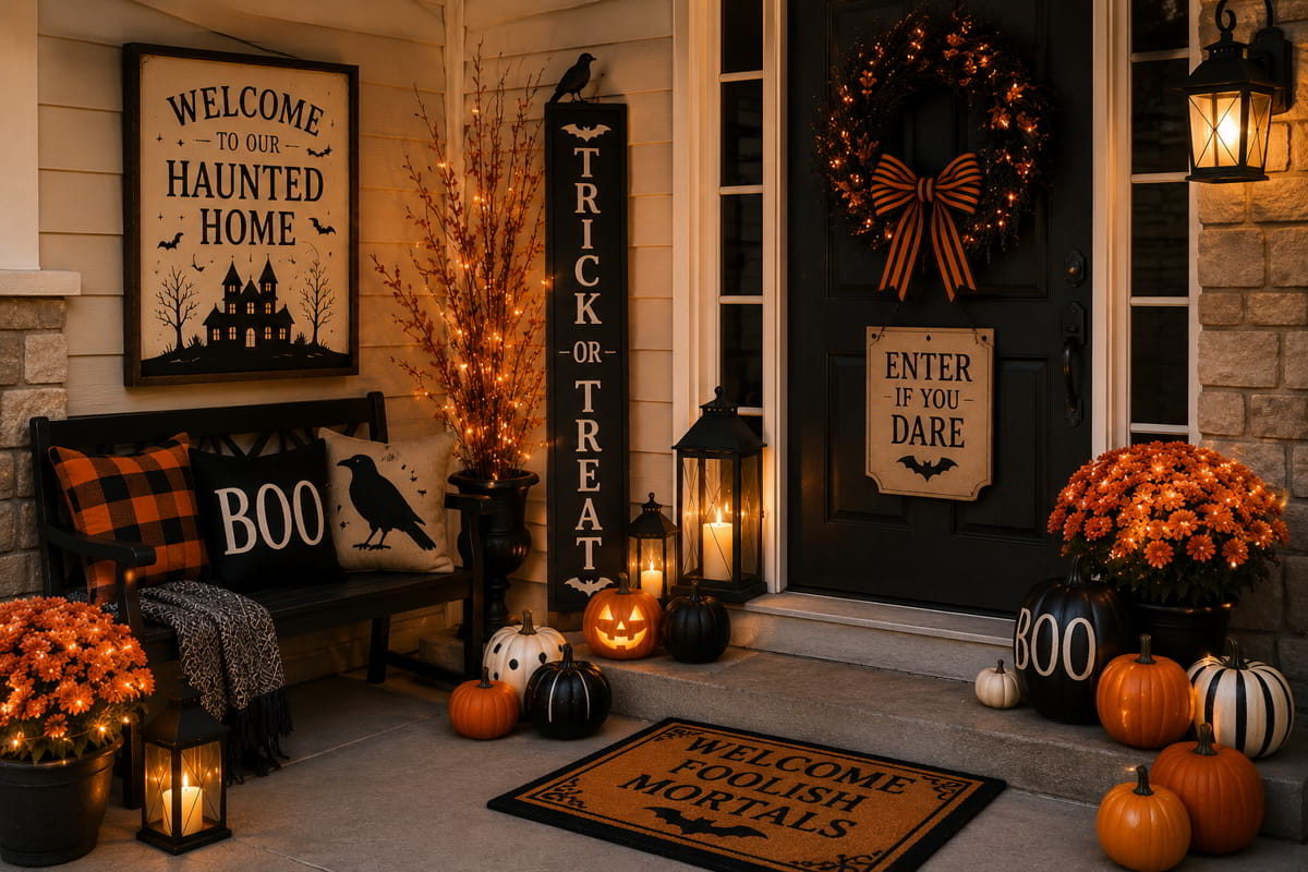 Elegant Halloween bathroom with pumpkins, candles, autumn branches, and subtle seasonal accents.