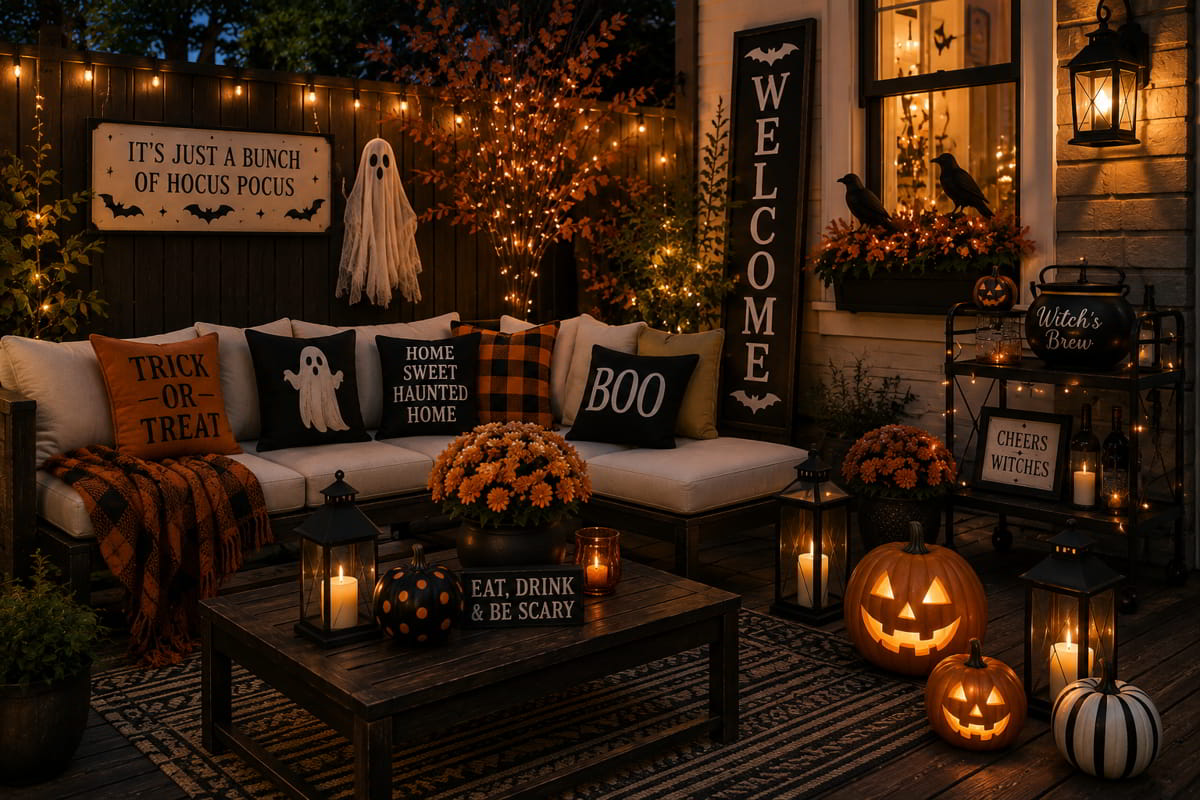 Halloween outdoor patio with cozy seating, pumpkins, lanterns, autumn plants, and warm string lights.