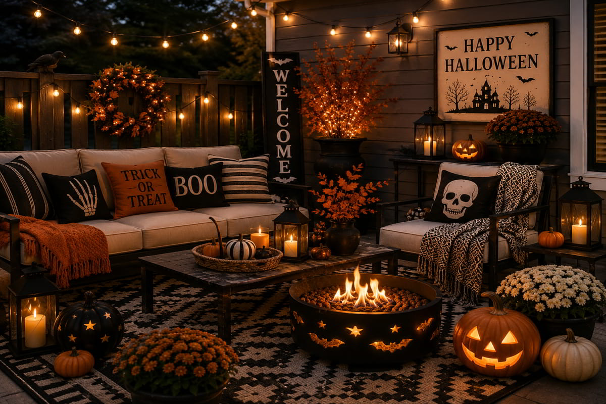 Halloween outdoor seating area with fire pit, pumpkins, lanterns, and autumn plants.