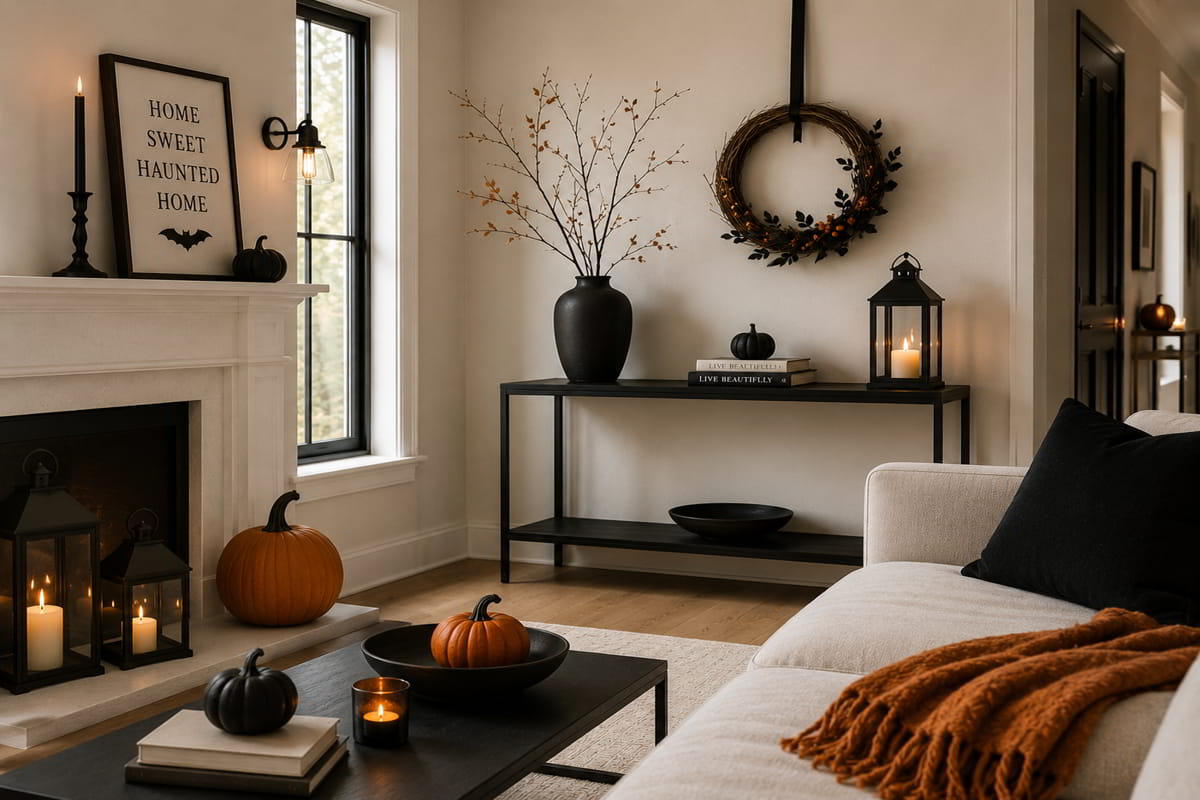 Minimalist Halloween living room with a few pumpkins, candles, lanterns, and subtle seasonal accents.