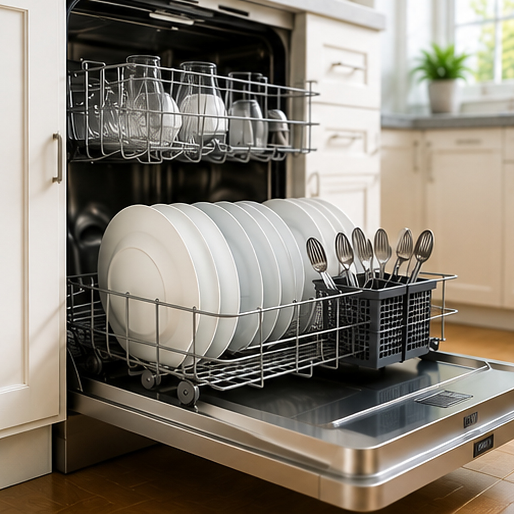 Energy-efficient dishwasher and kitchen appliances Energy-efficient dishwasher and modern kitchen appliances in an American home