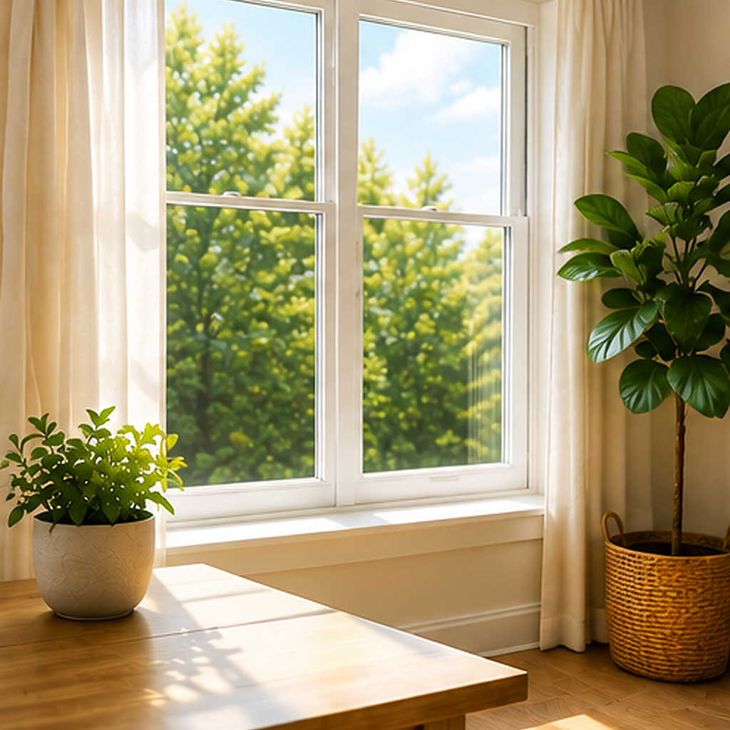 Natural daylight for reducing home energy use Natural daylight entering a bright home through windows to reduce artificial lighting use