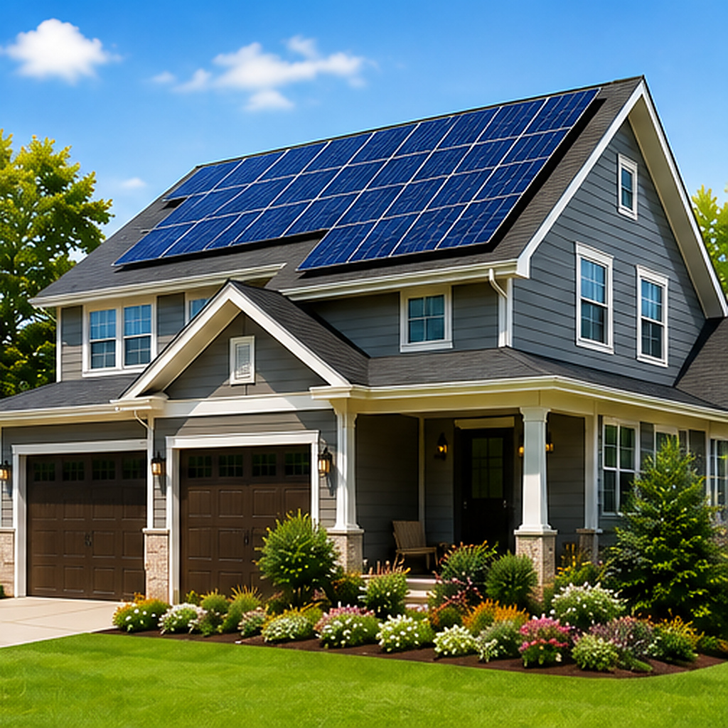 Energy-efficient home with solar energy Energy-efficient American home with solar energy and home efficiency features