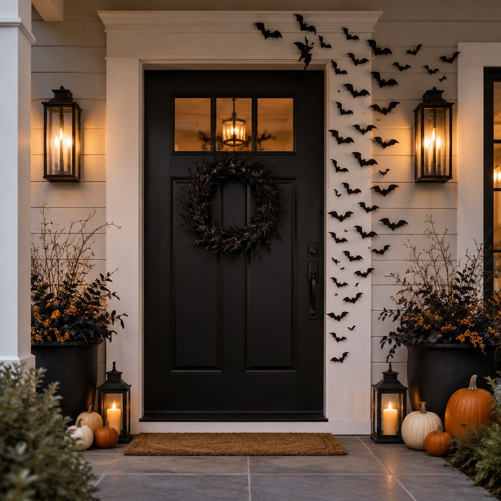 Black paper bats flying outward around an elegant Halloween front door