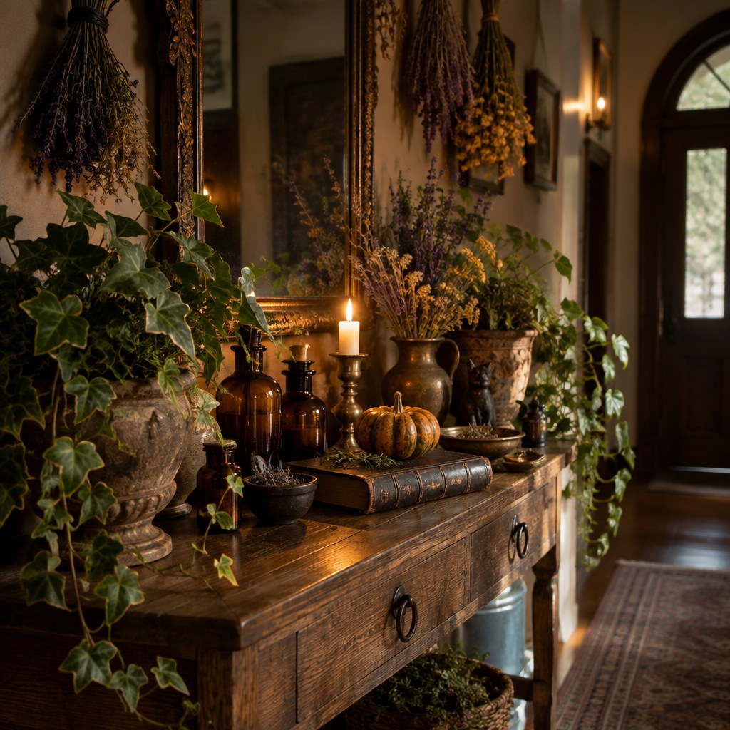 Botanical witch-inspired Halloween entryway with herbs and amber bottles