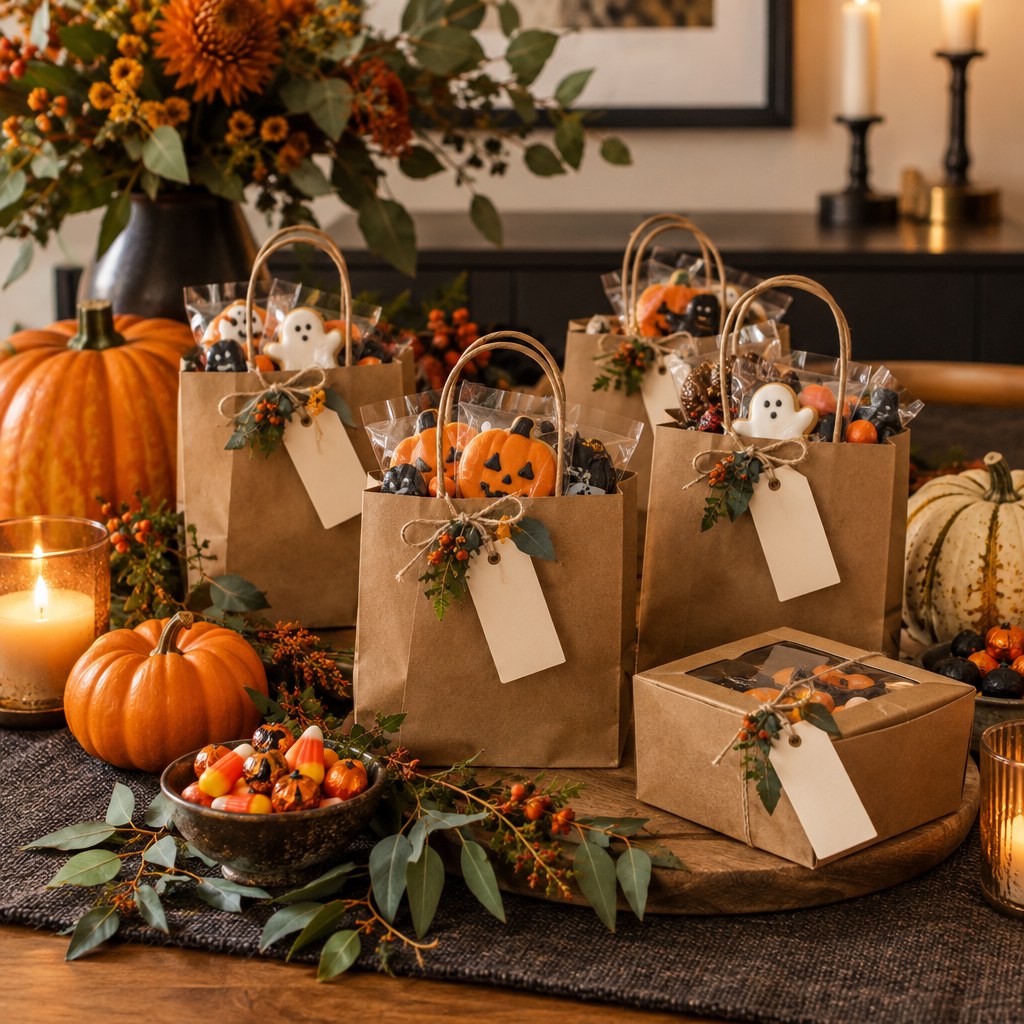 Charming Halloween take-home treats in small gift bags with handwritten thank-you tags