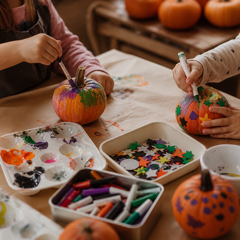 Children decorating pumpkins for Halloween with craft supplies