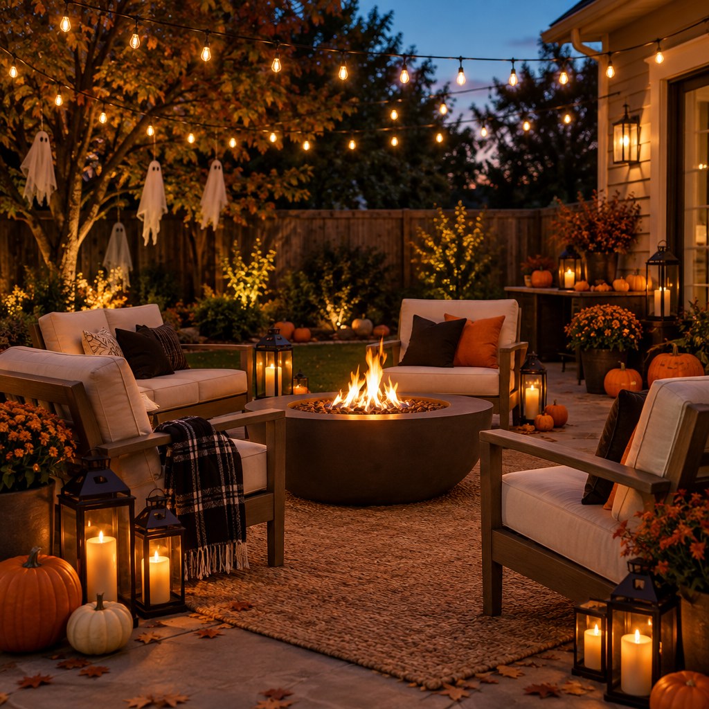 Cozy backyard Halloween seating area with warm lights
