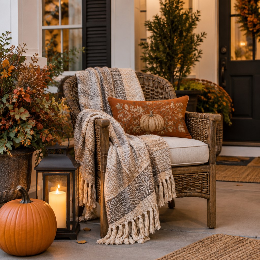 Cozy decorated porch chair with pumpkin and lantern for Halloween