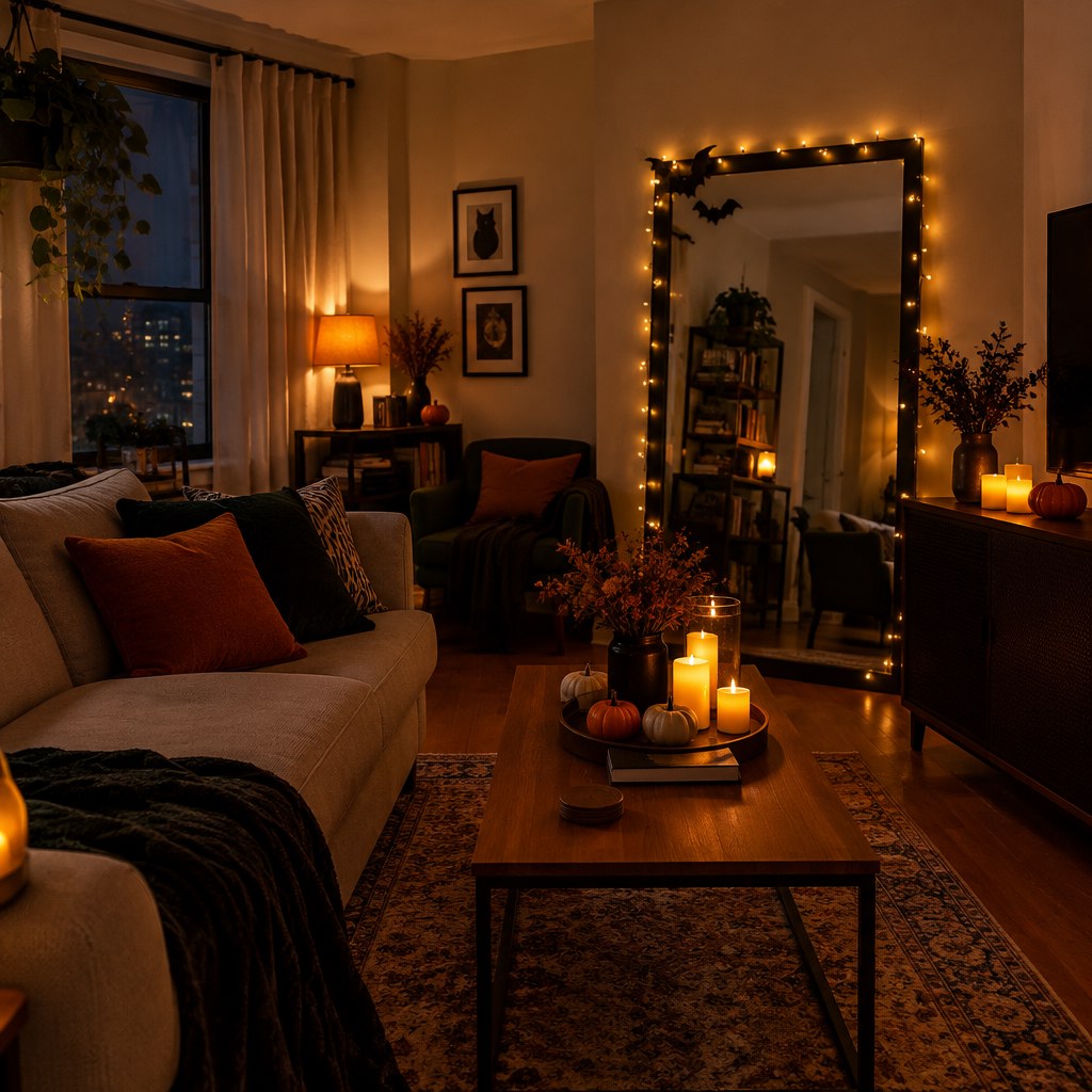 Warm flameless candle clusters creating cozy Halloween apartment lighting