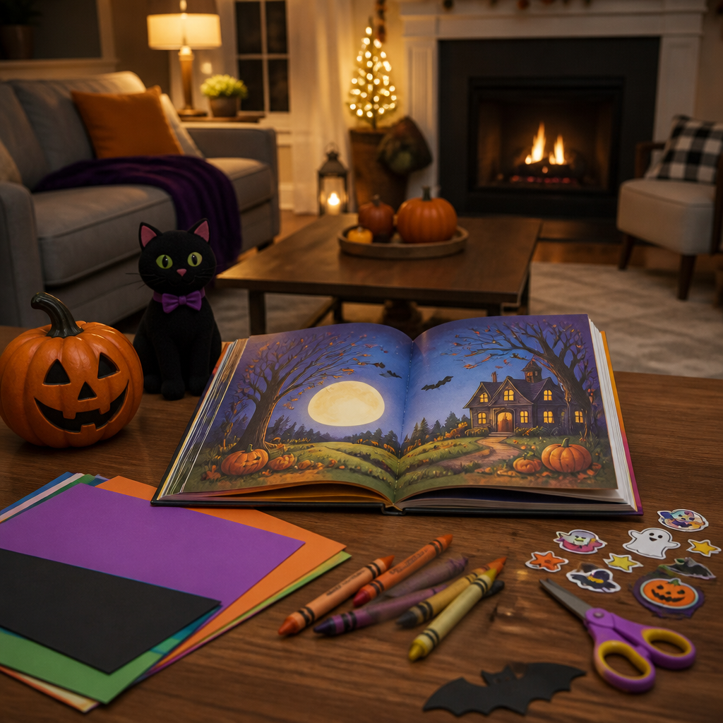 Cozy Halloween story and craft night setup