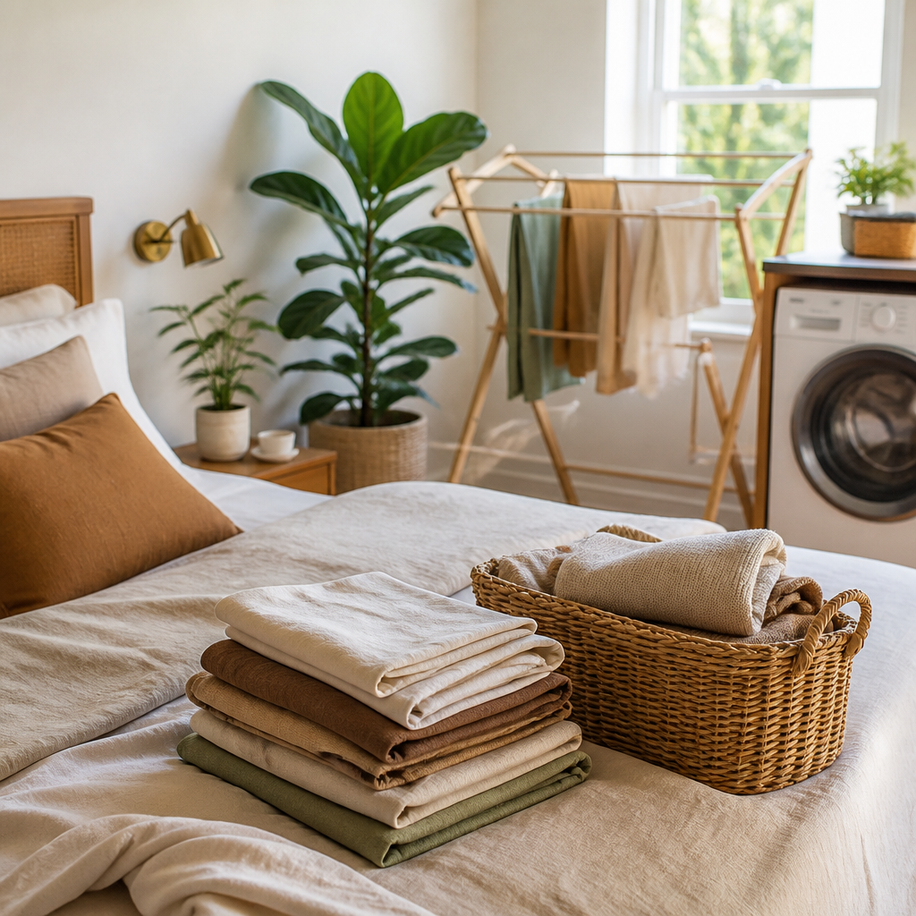 Eco-conscious bedroom and laundry space with air-drying and natural fabrics