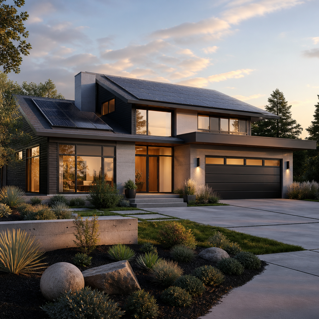 Elegant American home with rooftop solar panels
