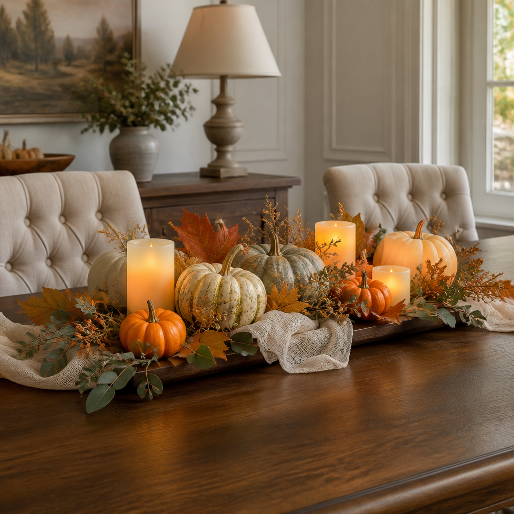 Elegant autumn Halloween table centerpiece with pumpkins and candles