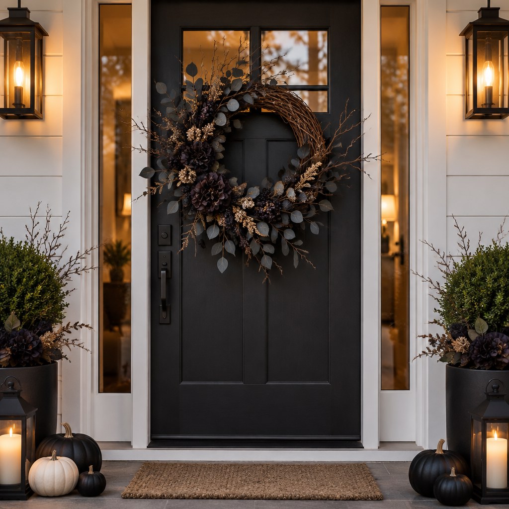 Elegant lightweight black and eucalyptus Halloween wreath