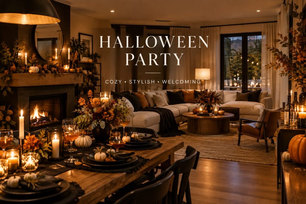 Elegant cozy Halloween party setup in a stylish modern home with pumpkins, warm lighting and autumn decor