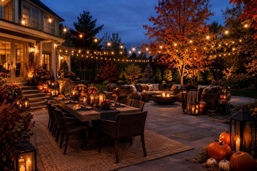 Elegant Halloween backyard evening party with warm lights, pumpkins and cozy seating