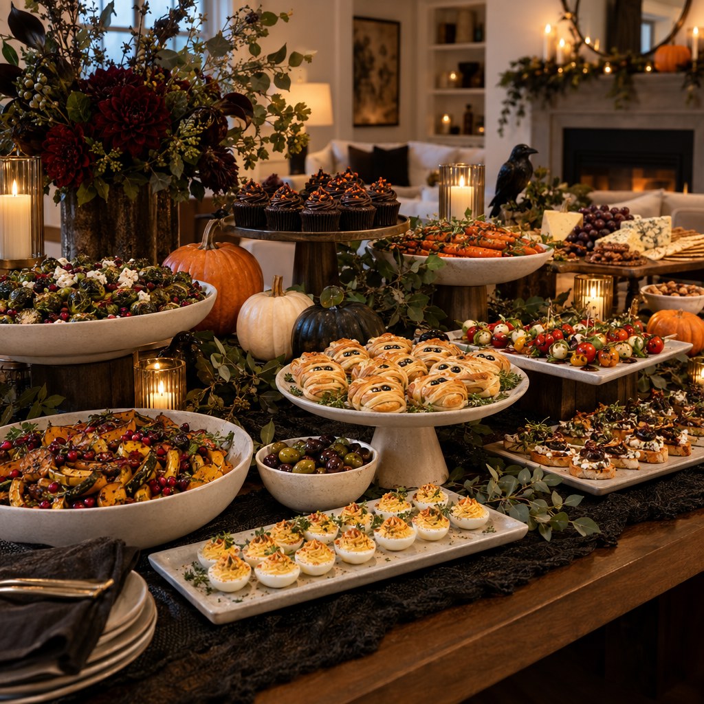 Elegant Halloween buffet table with attractive dishes, pumpkins, greenery and warm lighting