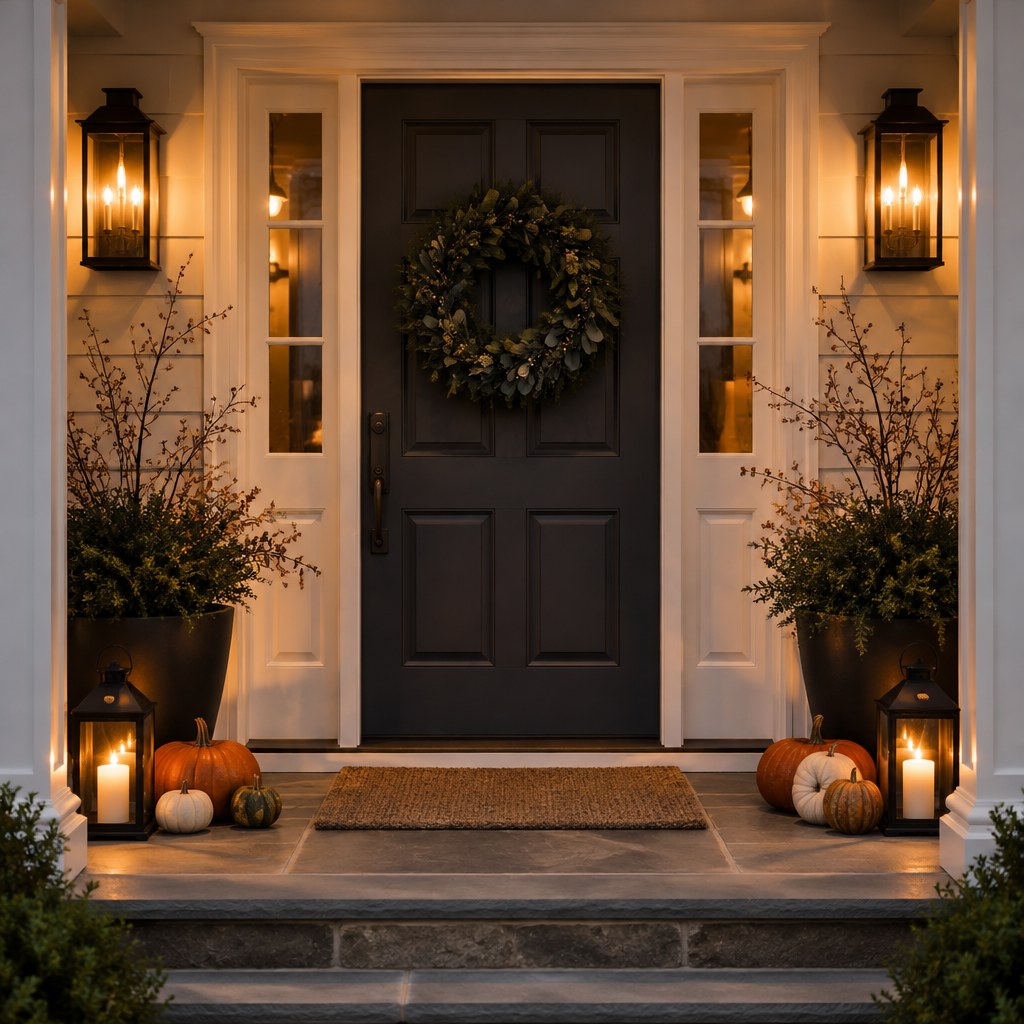 Elegant Halloween front door framed with warm lighting and greenery
