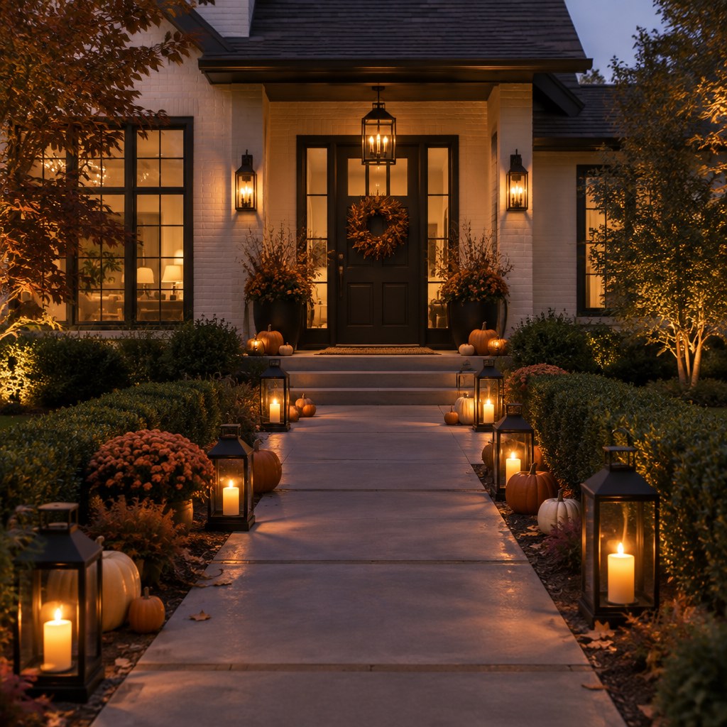 Elegant Halloween front walkway with warm lanterns