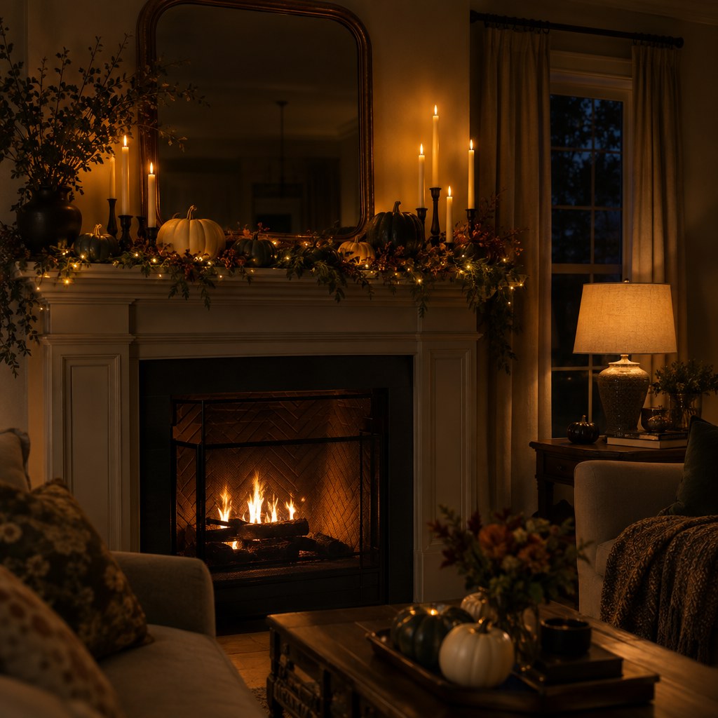 Elegant Halloween mantel glowing at night with flameless taper candles and warm micro fairy lights