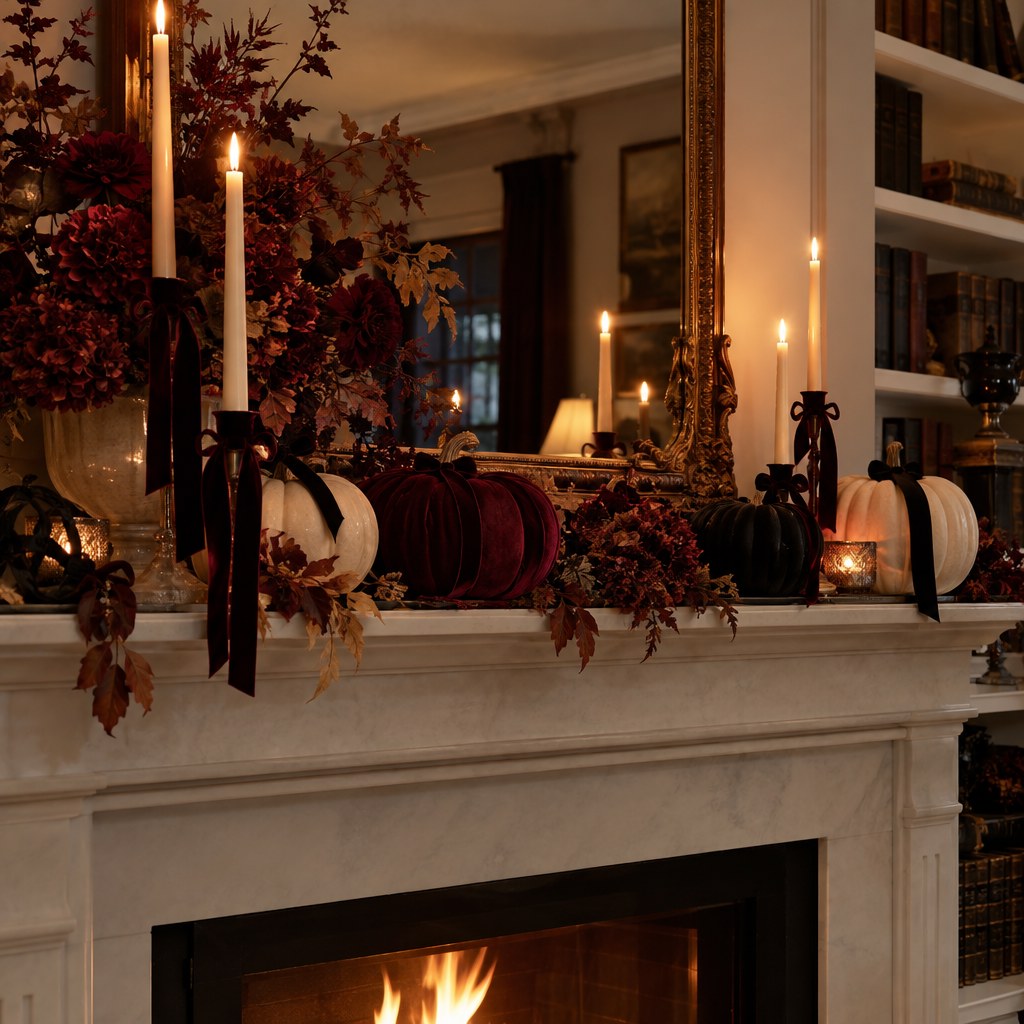Elegant Halloween mantel with black and burgundy velvet ribbon, candles, pumpkins and dried flowers