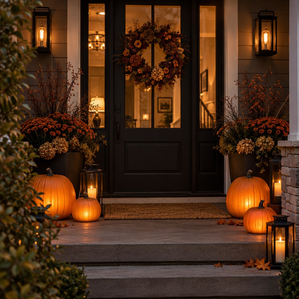 Elegant Halloween porch with softly glowing pumpkins