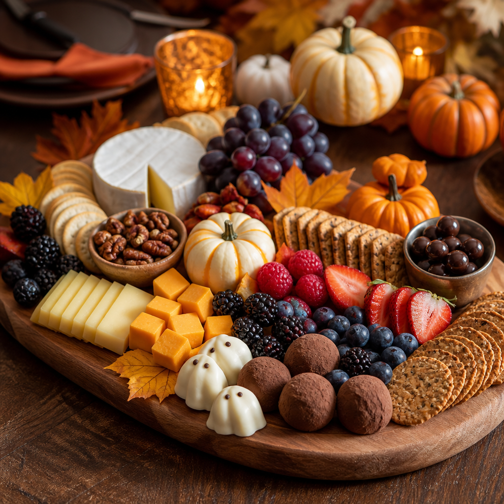 Elegant Halloween snack board with cheese crackers fruit and treats