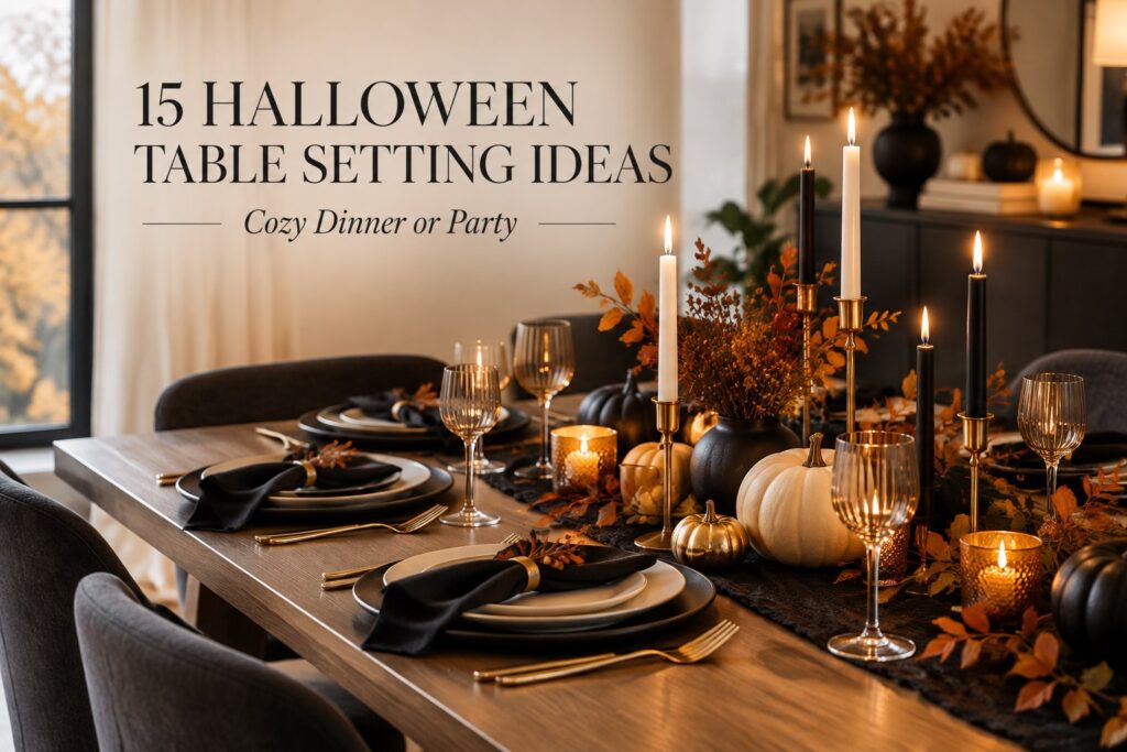 Elegant Halloween table setting ideas with candles, pumpkins, and modern fall decor