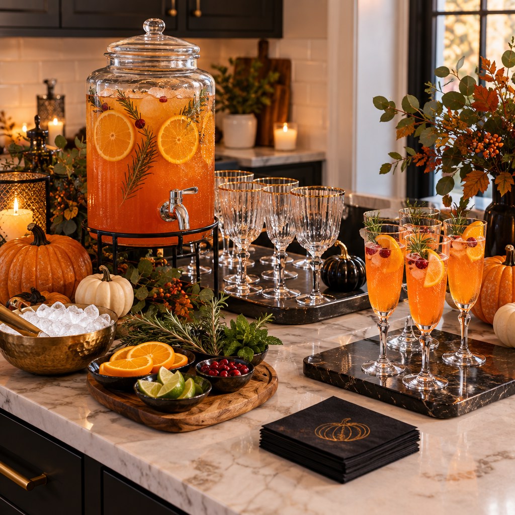 Narrow Halloween drink station styled vertically for a compact apartment