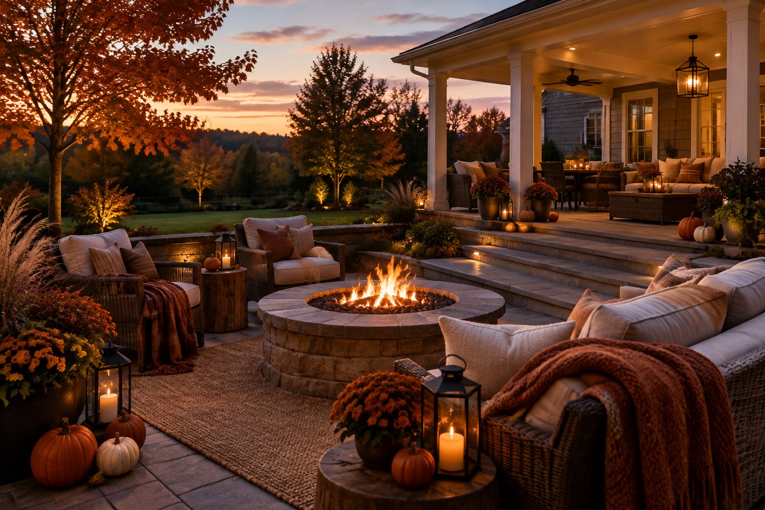 Elegant outdoor living patio with autumn and subtle Halloween accents