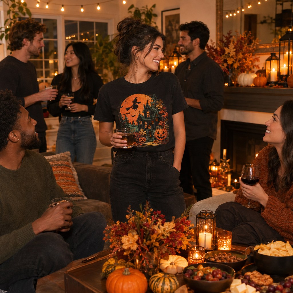 Friends enjoying a cozy Halloween house party with the host wearing a personalized shirt