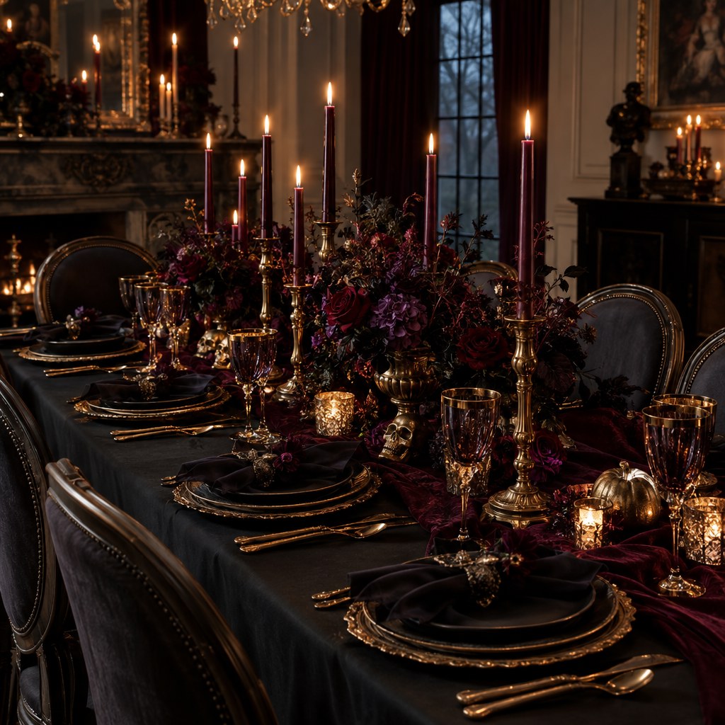 Gothic glam Halloween dinner table with burgundy and antique gold