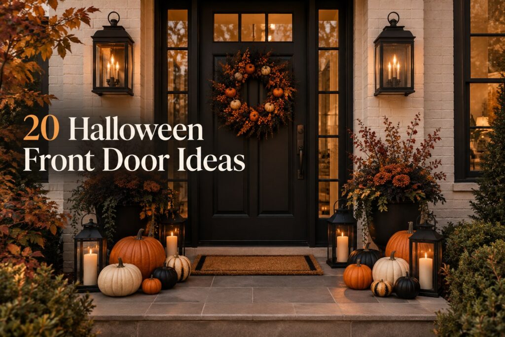 Halloween front door ideas with pumpkins and lanterns