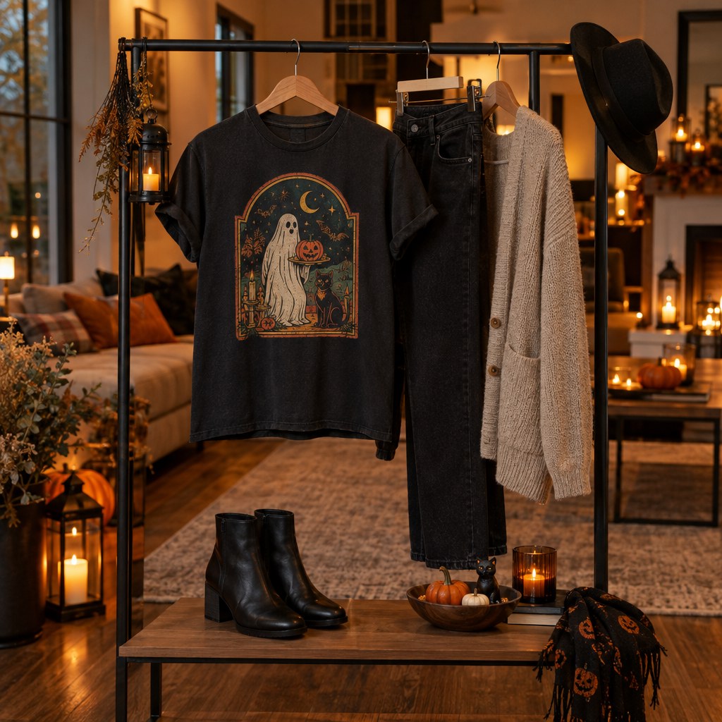 Halloween party host T-shirt styled with a casual outfit for an autumn gathering