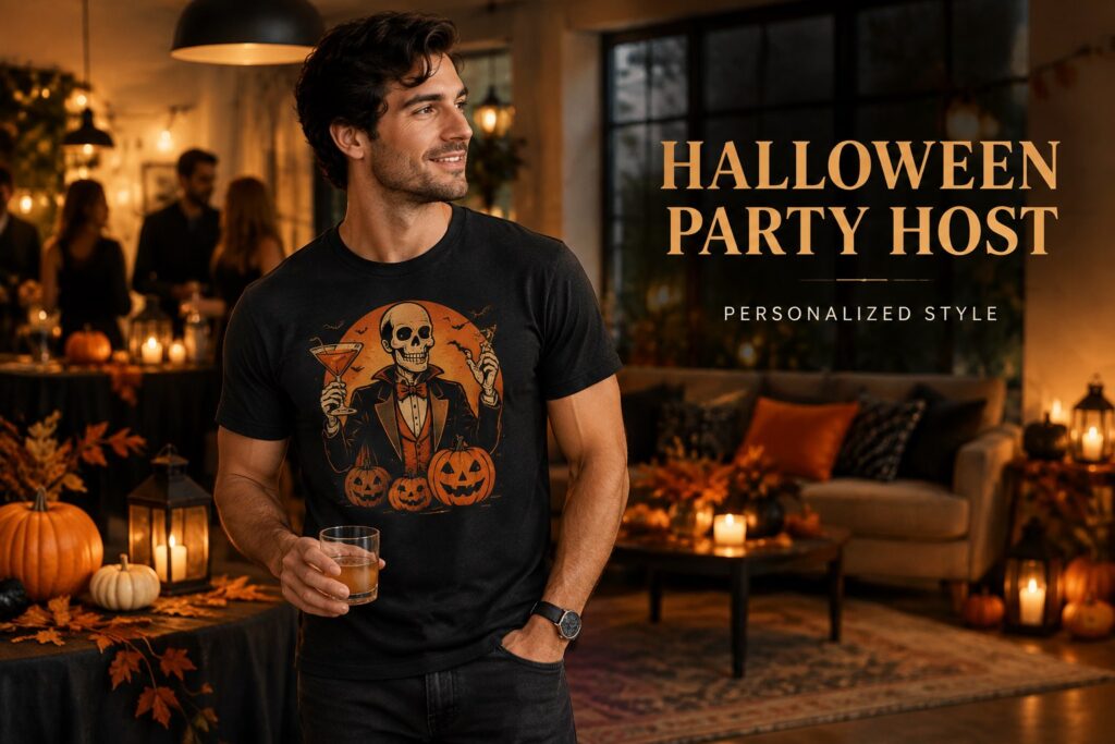 Halloween party host wearing a personalized Halloween T-shirt at an elegant fall gathering