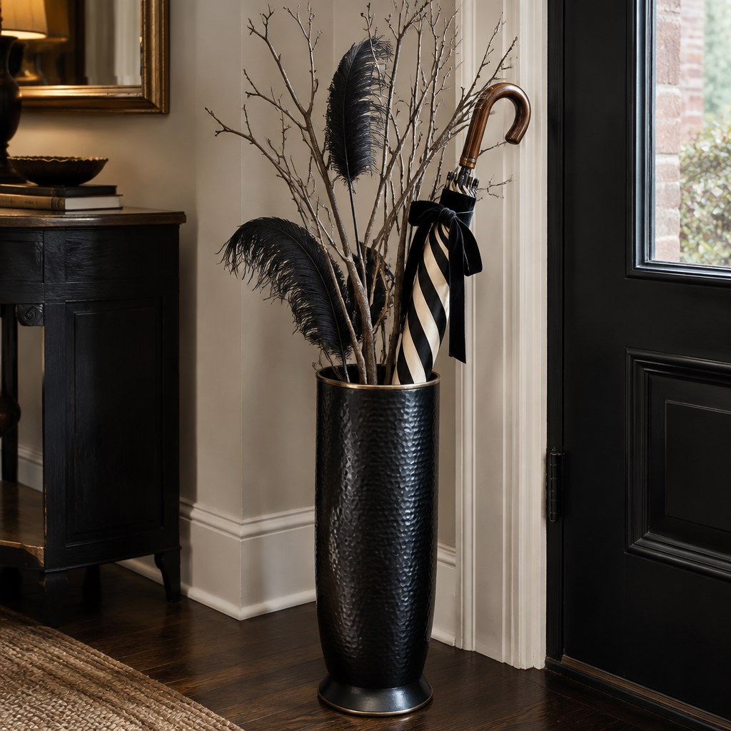 Halloween umbrella stand styled with branches, feathers and striped umbrella