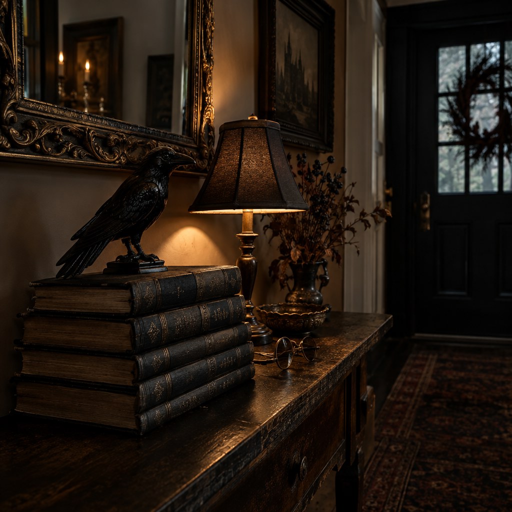 Haunted library-inspired Halloween entryway nook with books and raven