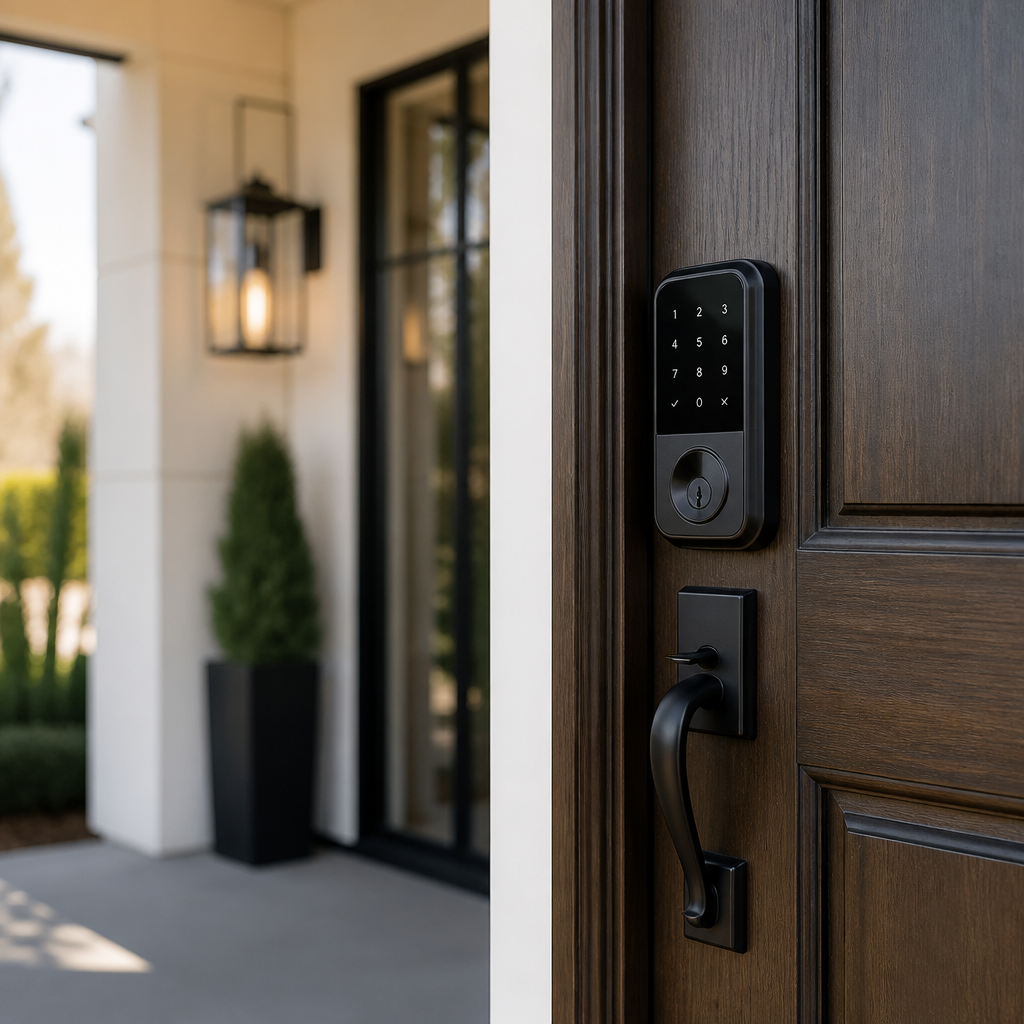 Keypad smart lock on a modern front door
