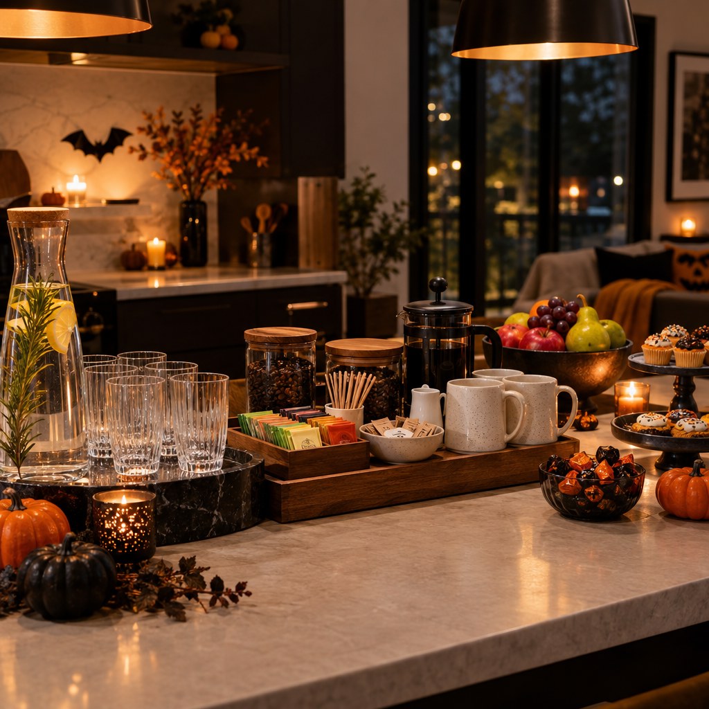 Late-night Halloween party comfort station with water, tea, coffee, fruit and small treats