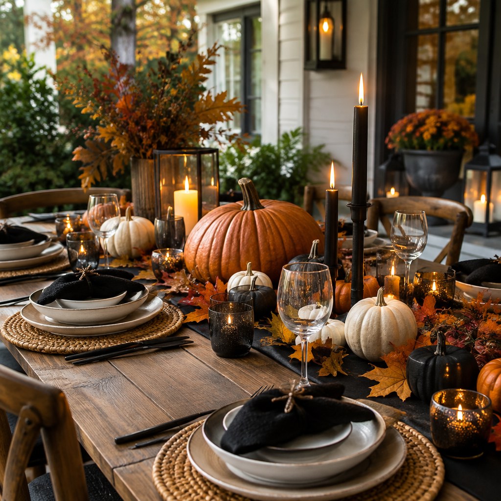 Layer Autumn Textures on the Table for a Halloween backyard evening party